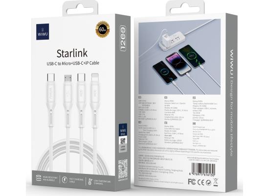WIWU Wi-C046E Starlink Series 60W 3in1 Type-C to Type-C + Micro USB + Lightning, Fast Charging Cable 1.2M - White